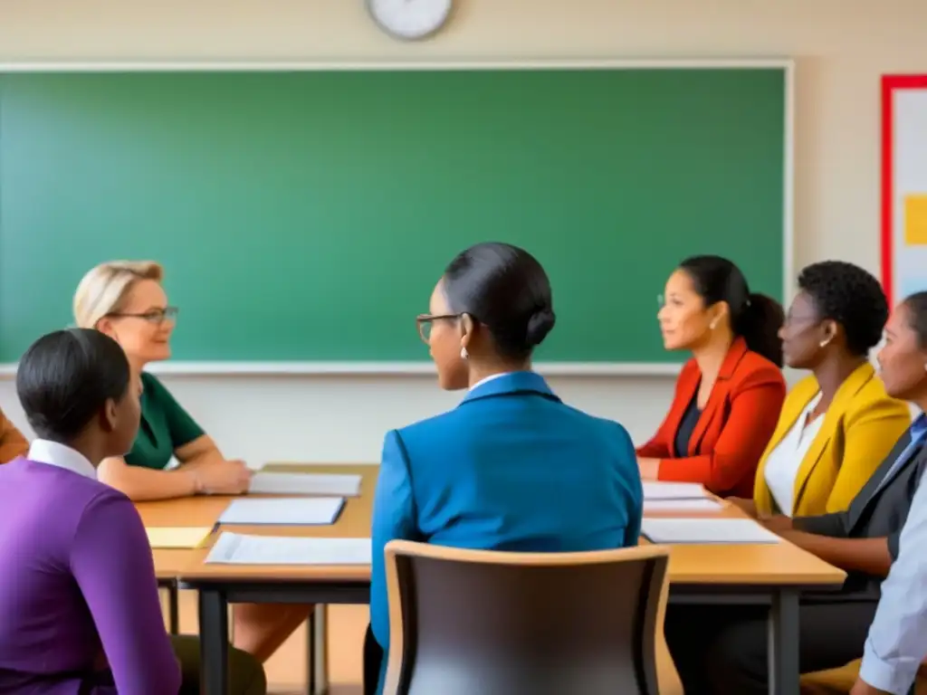 Un grupo diverso de profesores discute políticas de educación sexual internacional en un aula moderna y acogedora en Uruguay