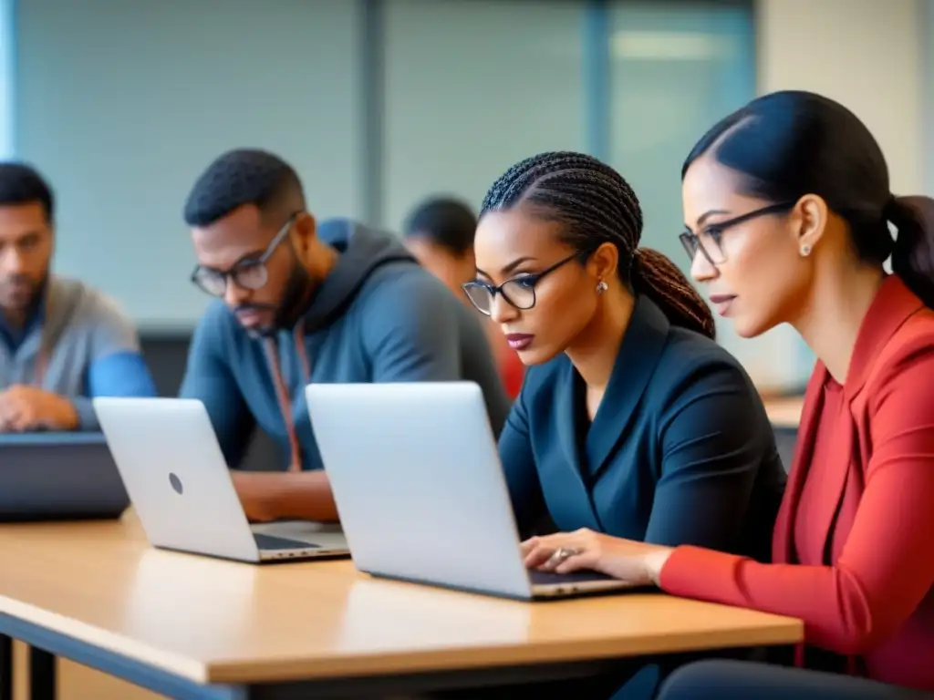 Un grupo diverso de profesores colaborando en laptops con símbolos de código abierto