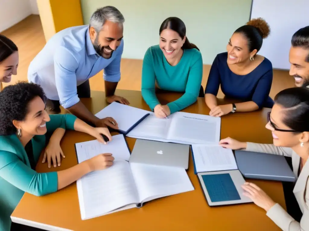 Un grupo diverso de profesores uruguayos colaborando en Aprendizaje Basado en Proyectos, reflejando teamwork e innovación educativa