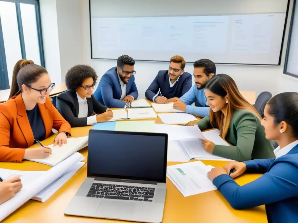 Grupo diverso colabora en proyecto educativo en un aula moderna de Uruguay