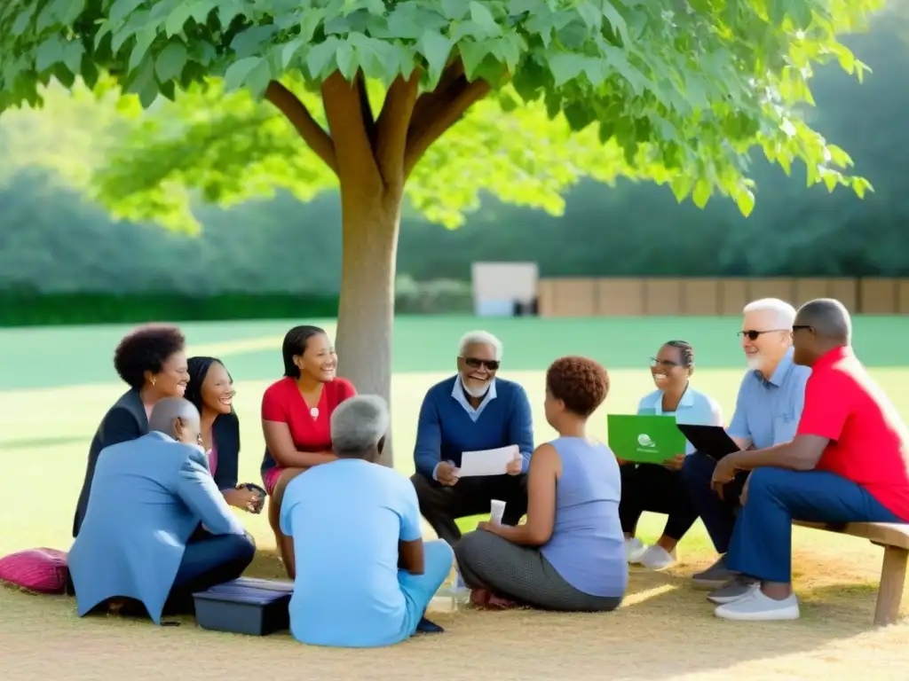 Grupo diverso participa en taller de educación financiera y sostenibilidad bajo un árbol en Uruguay