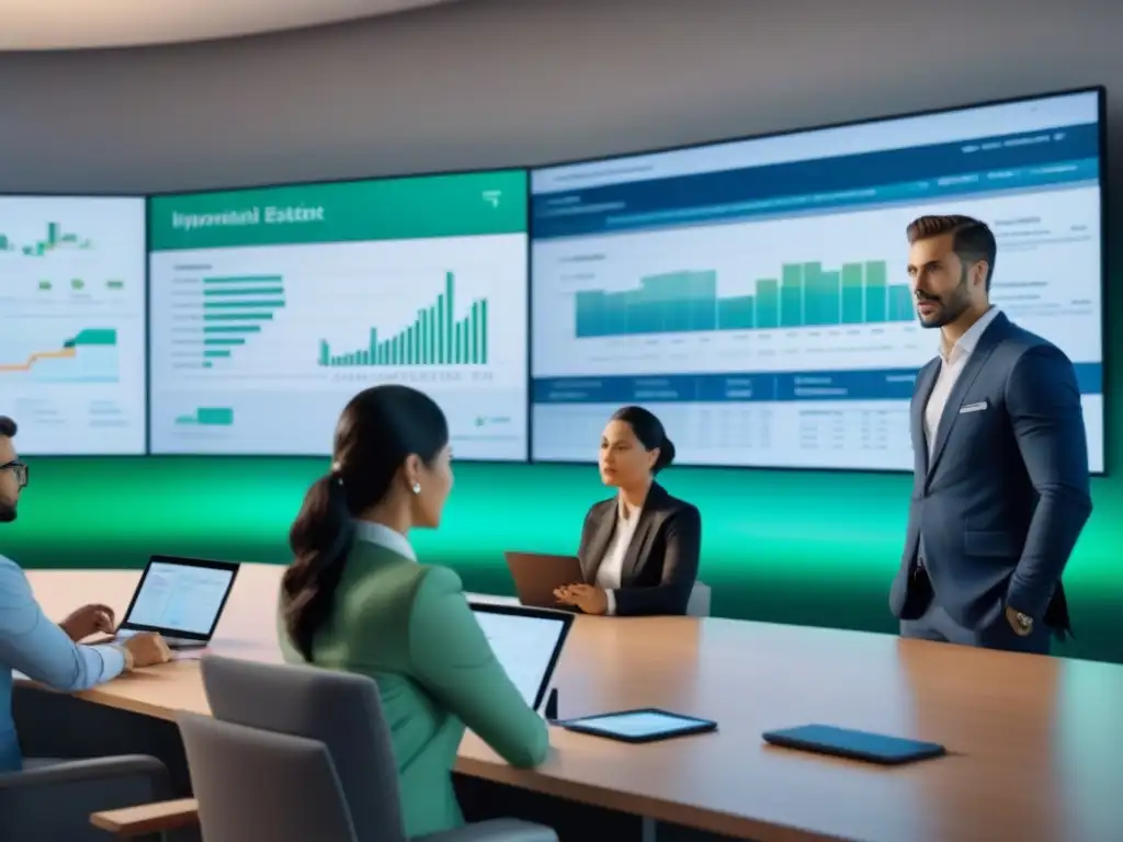 Profesionales en taller financiero: Uruguay Grupo diverso en taller financiero con gráficos digitales de datos económicos de Uruguay