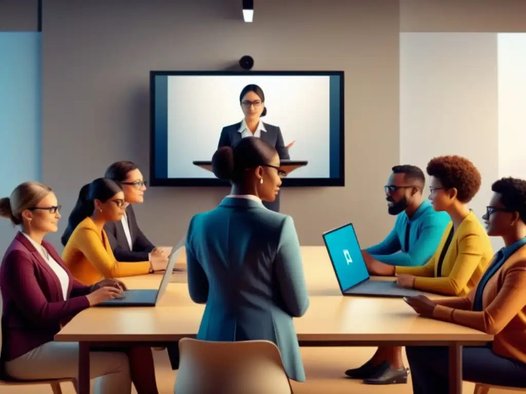 Un grupo de docentes diversos participa en actividades de elearning en un aula virtual