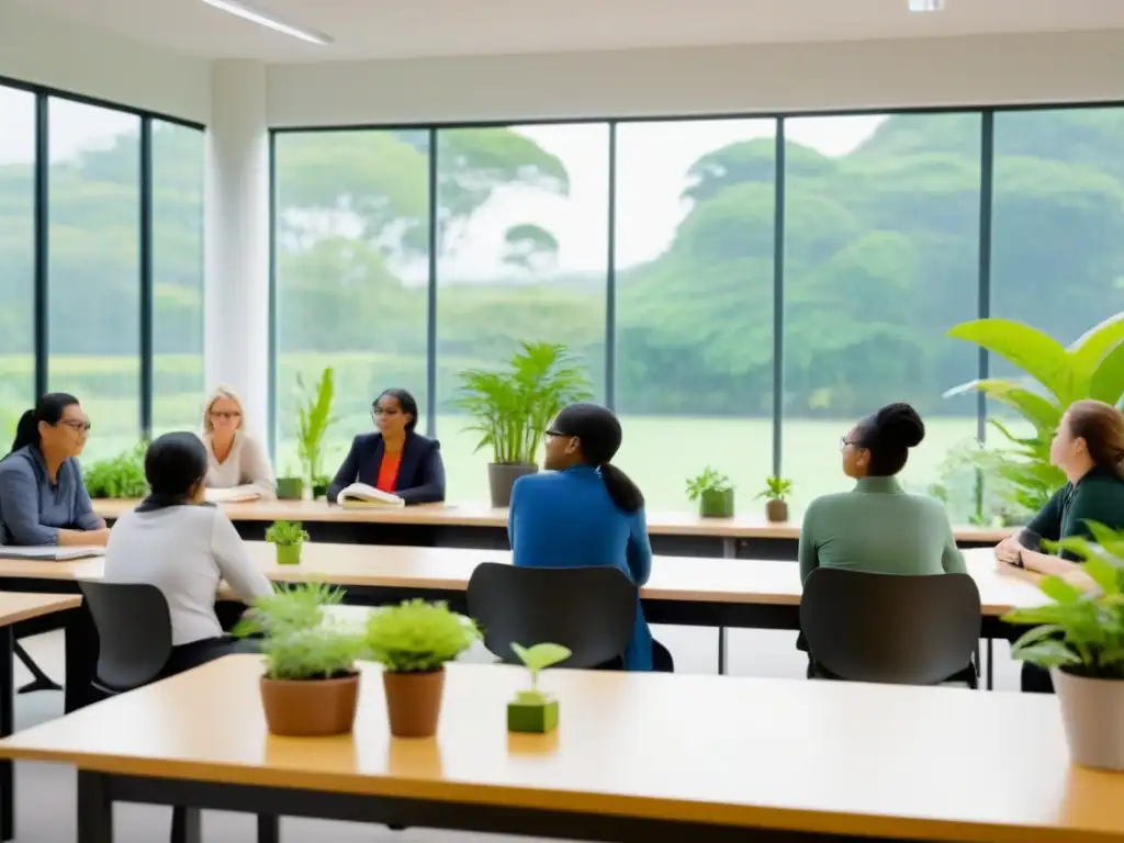 Grupo de docentes atentos en capacitación de educación ambiental en Uruguay, rodeados de plantas y materiales ecofriendly