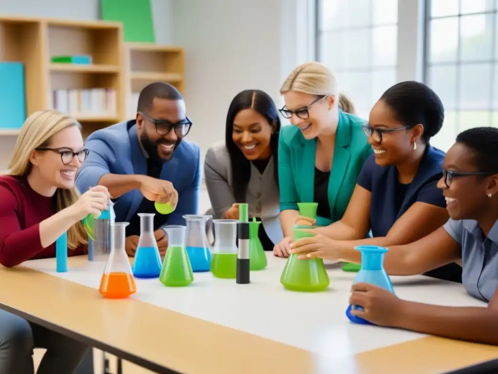 Un grupo de docentes entusiastas y diversos colaborando en un aula moderna, enfocados en materiales STEM