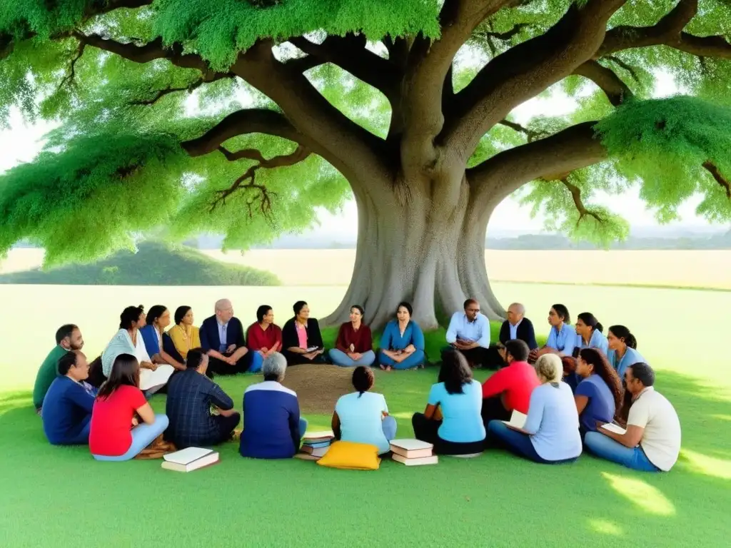 Grupo de educadores rurales de Uruguay debatiendo bajo un árbol