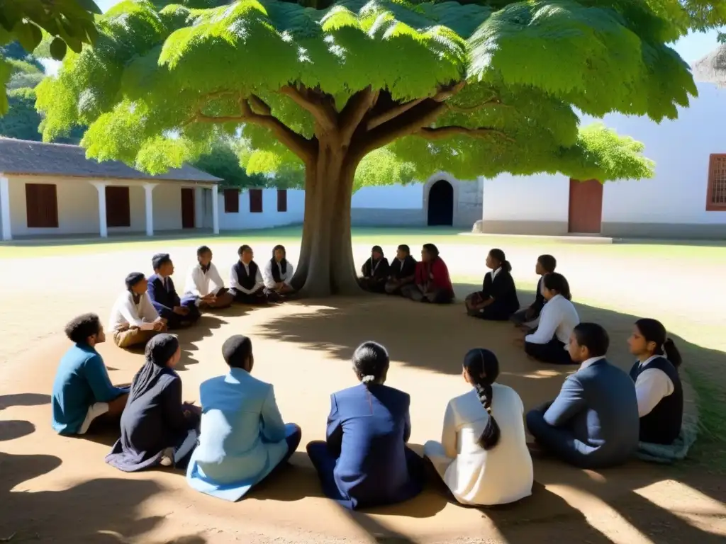 Grupo de estudiantes indígenas de Uruguay en círculo bajo un árbol, promoviendo educación inclusiva en comunidad