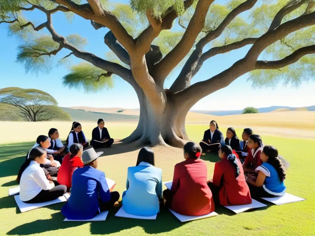 Un grupo de estudiantes indígenas uruguayos en círculo bajo un árbol, colaborando en una educación inclusiva