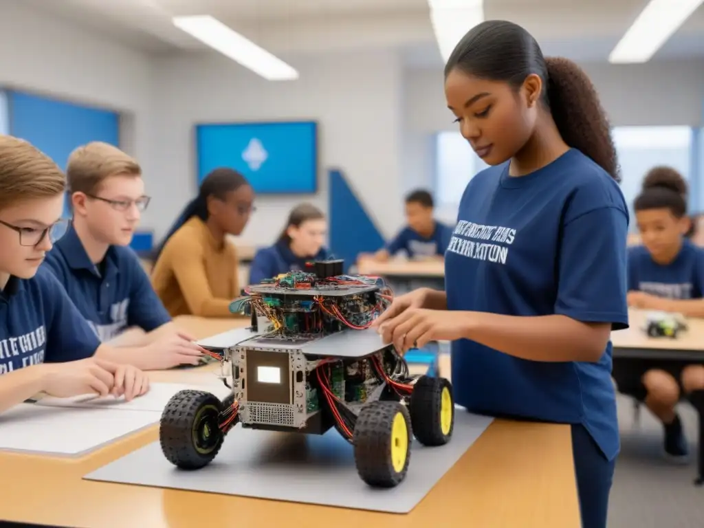 Un grupo de estudiantes diversos construyen juntos una estructura robótica en un aula iluminada