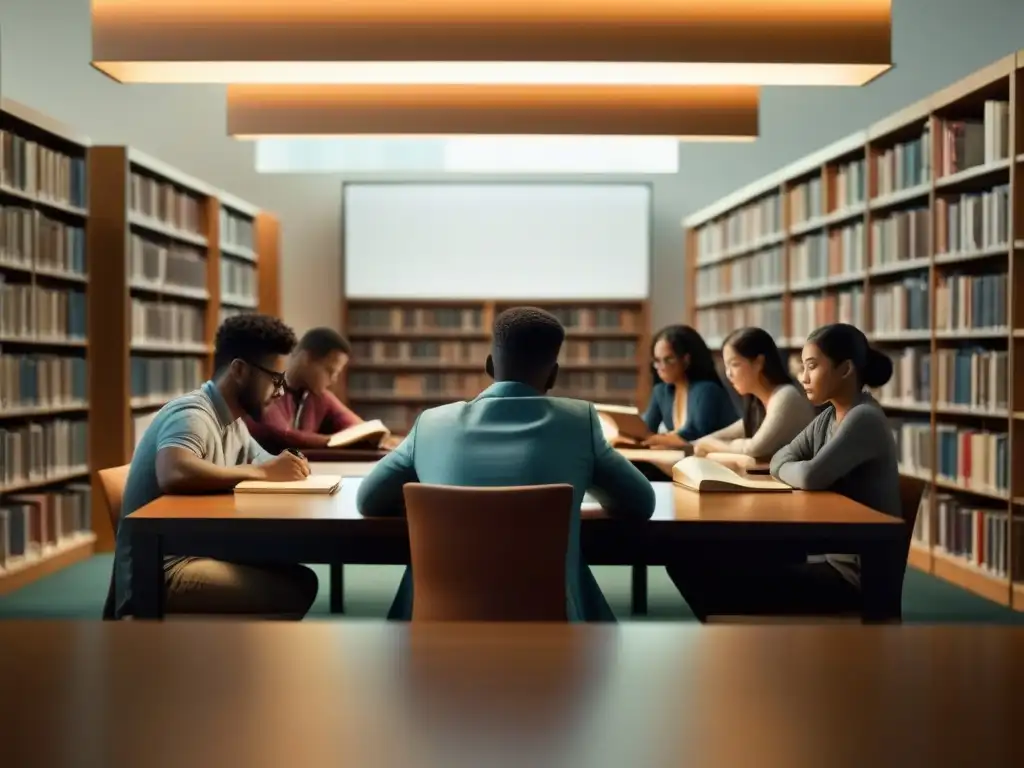 Un grupo de estudiantes diversos estudia con privacidad en una biblioteca tranquila, enfocados en sus libros o laptops