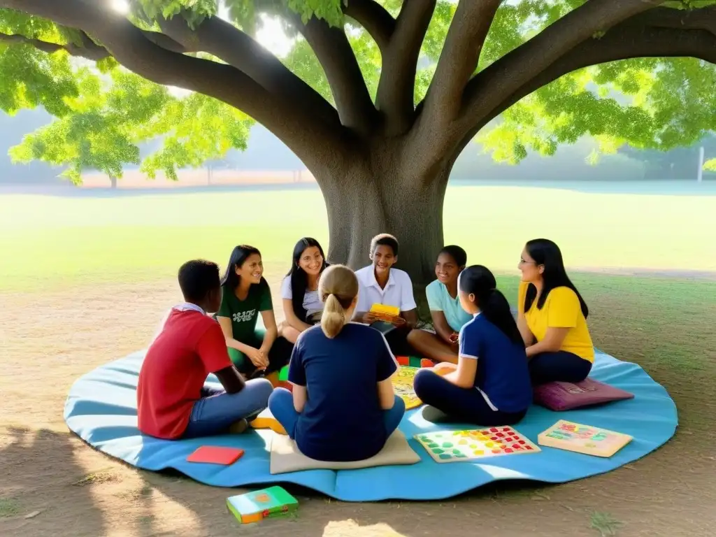 Un grupo de estudiantes rurales participa en metodologías lúdicas bajo un árbol, creando un ambiente armonioso y de aprendizaje