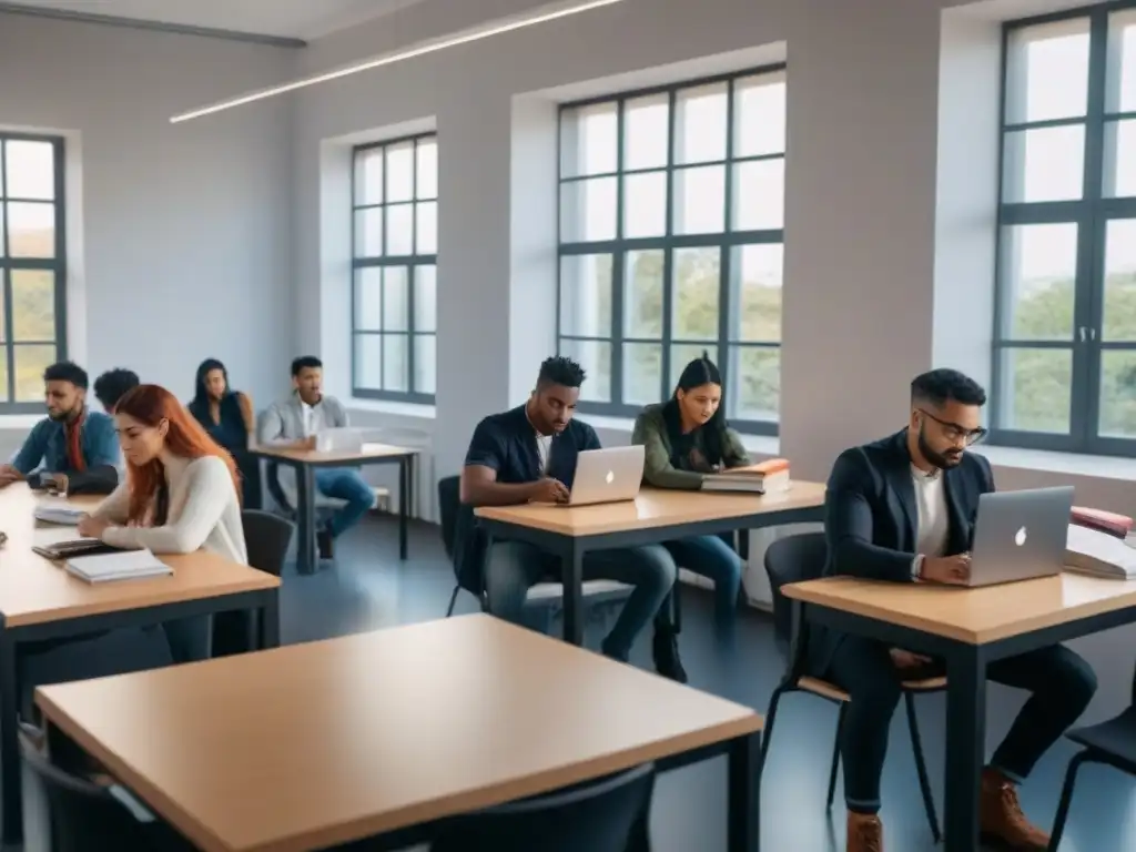 Grupo internacional de estudiantes colaborando en aula moderna en Uruguay, destacando diversidad y ambiente de aprendizaje