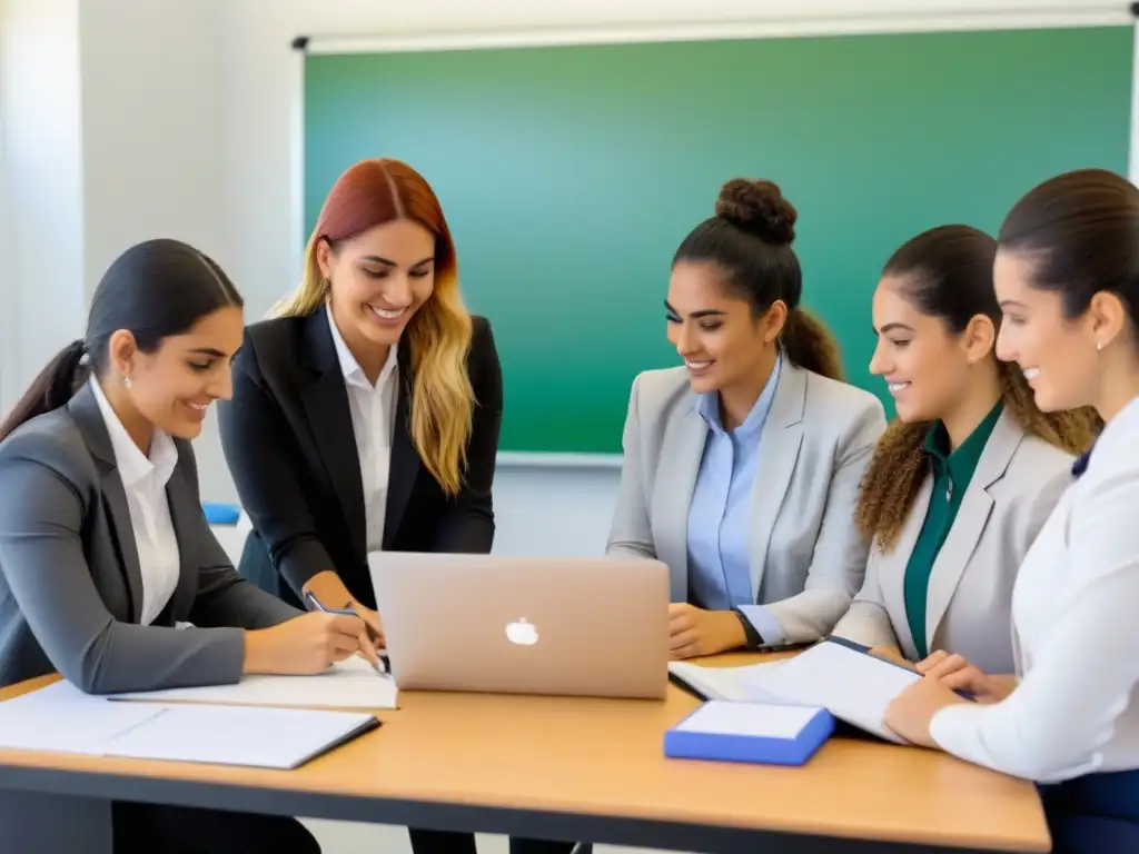 Grupo de jóvenes uruguayas en mentoría STEM para líderes, colaborando en un proyecto en un aula moderna y brillante