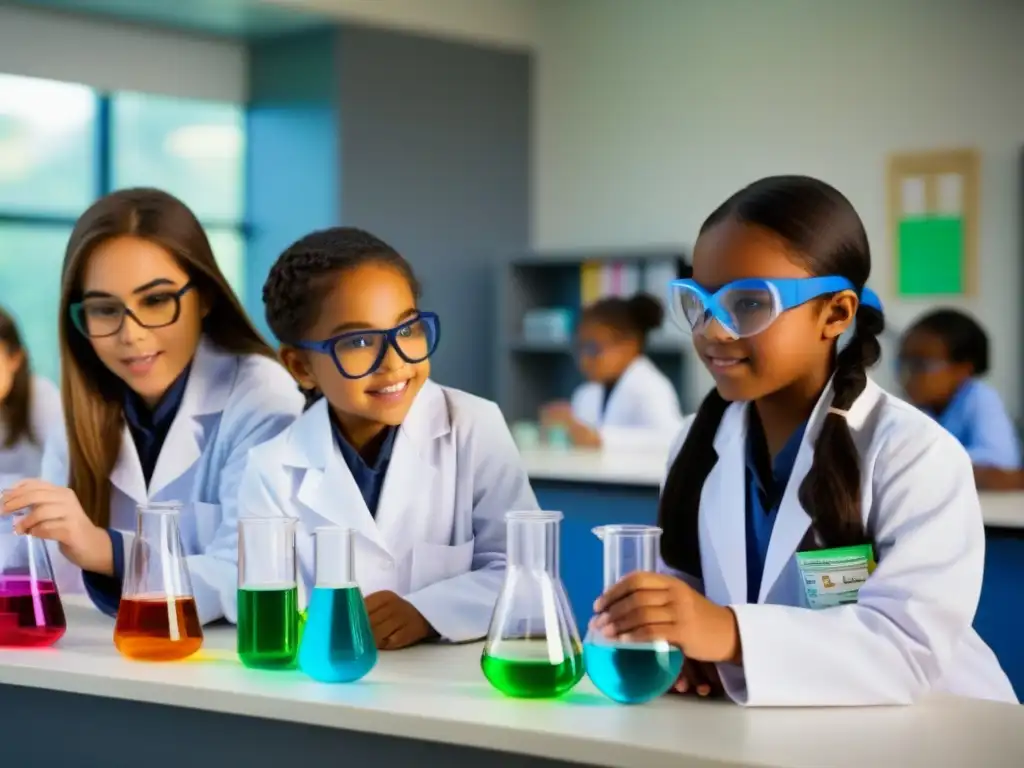 Un grupo de jóvenes niñas de diversos orígenes en un aula moderna realizando un experimento científico, rodeadas de equipamiento STEM colorido