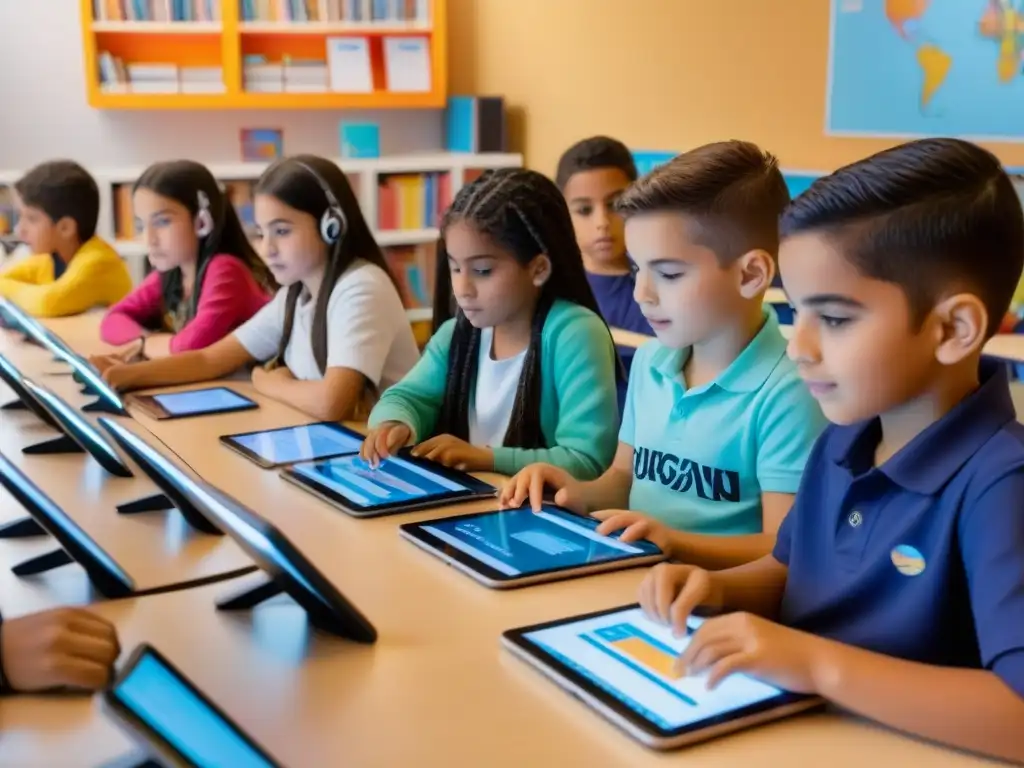 Estudiantes uruguayos programando en tablets en aula STEM Grupo de jóvenes en aula Uruguay programando en tablets con plataformas educativas