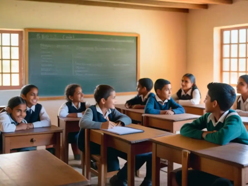 Grupo de jóvenes estudiantes y maestra en aula rural de Uruguay, fomentando educación y emprendedurismo juvenil