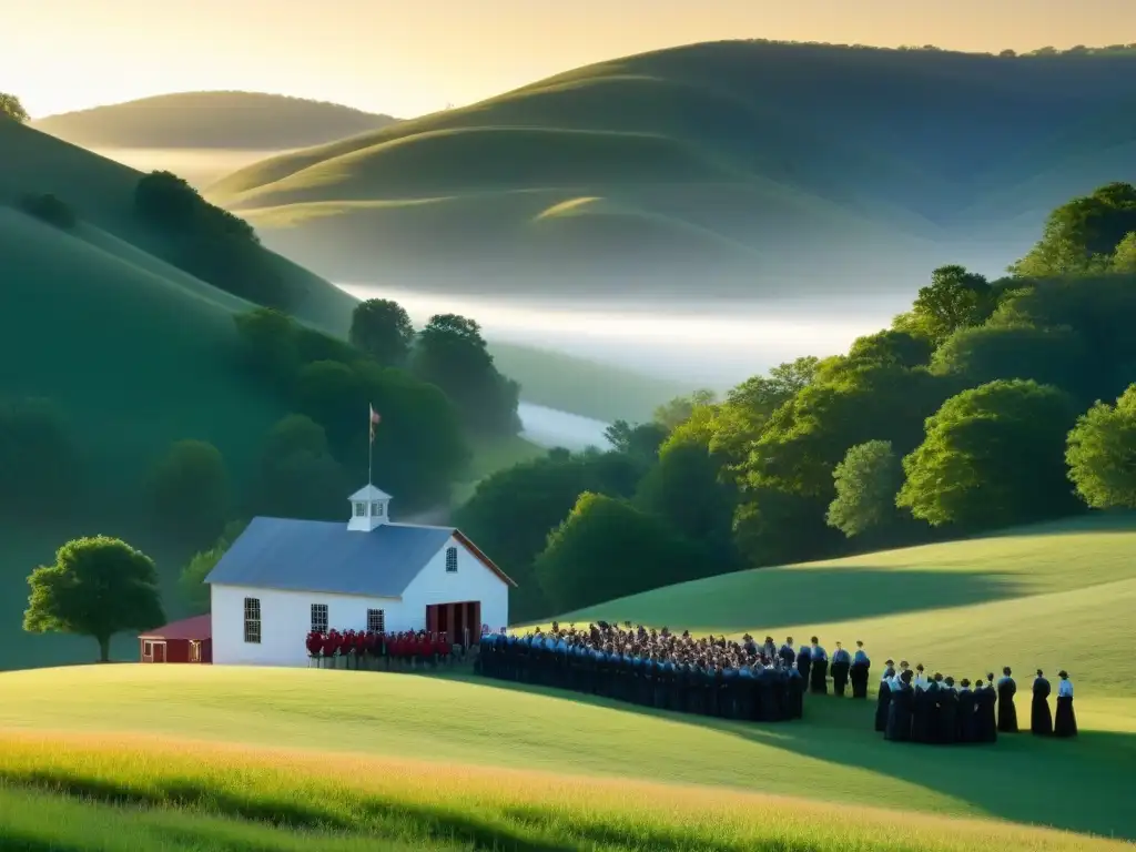 Un grupo de maestros se capacita bajo un árbol frente a una escuela rural al amanecer