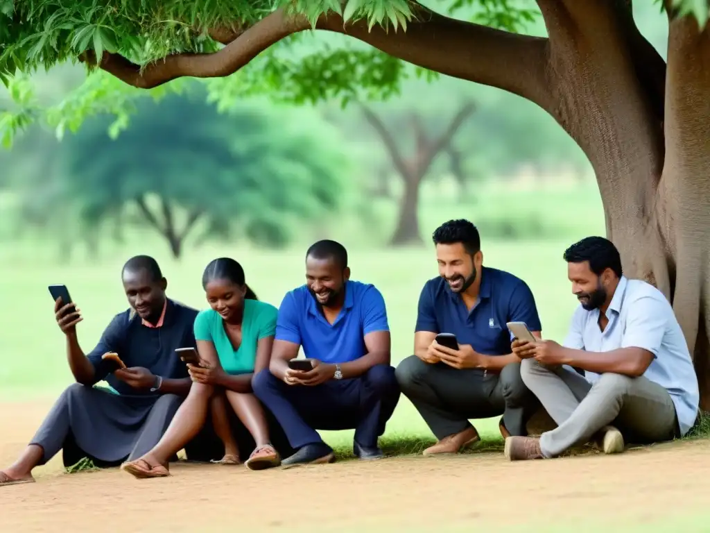 Grupo de maestros rurales en capacitación docente con tecnologías móviles, bajo un árbol en entorno natural sereno