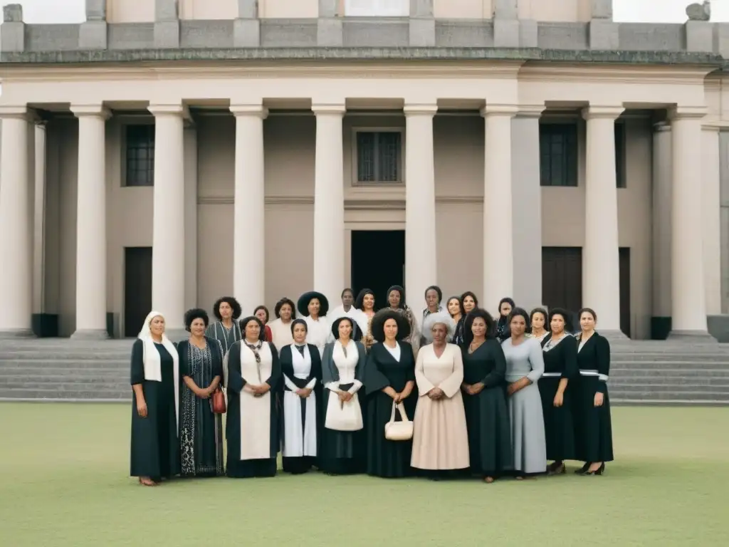 Un grupo de mujeres diversas frente a una universidad histórica en Uruguay, simbolizando el avance de las mujeres en educación uruguaya