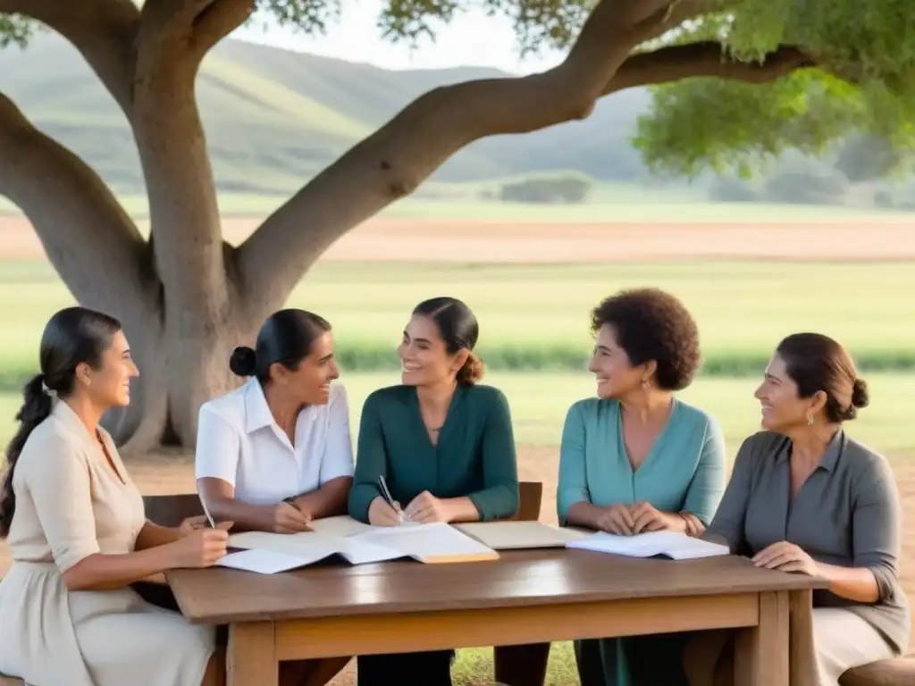 Grupo de mujeres rurales uruguayas empoderadas por la educación, reunidas alrededor de una mesa de madera bajo un árbol
