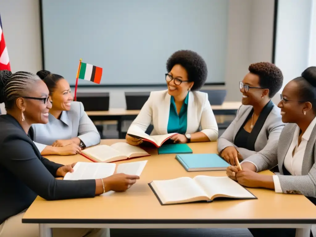 Un grupo multicultural de docentes discutiendo en aula moderna en blanco y negro, destaca unidad y diversidad