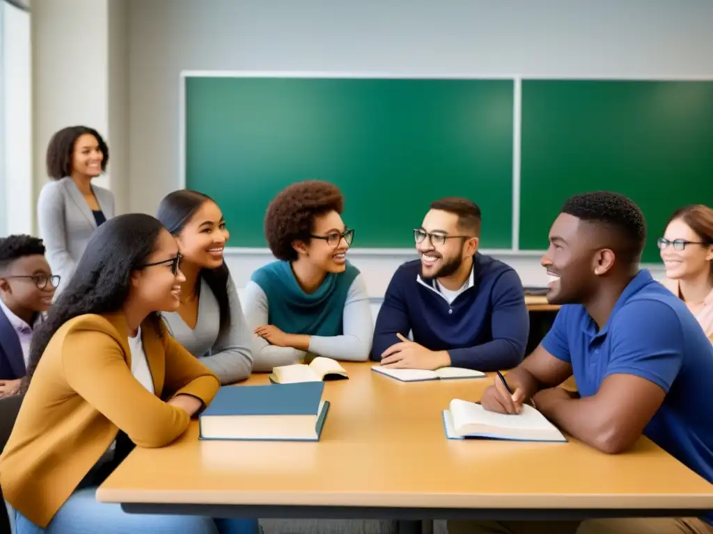 Grupo multicultural de estudiantes colaborando y aprendiendo juntos en aula moderna, representando la educación en Uruguay para migrantes