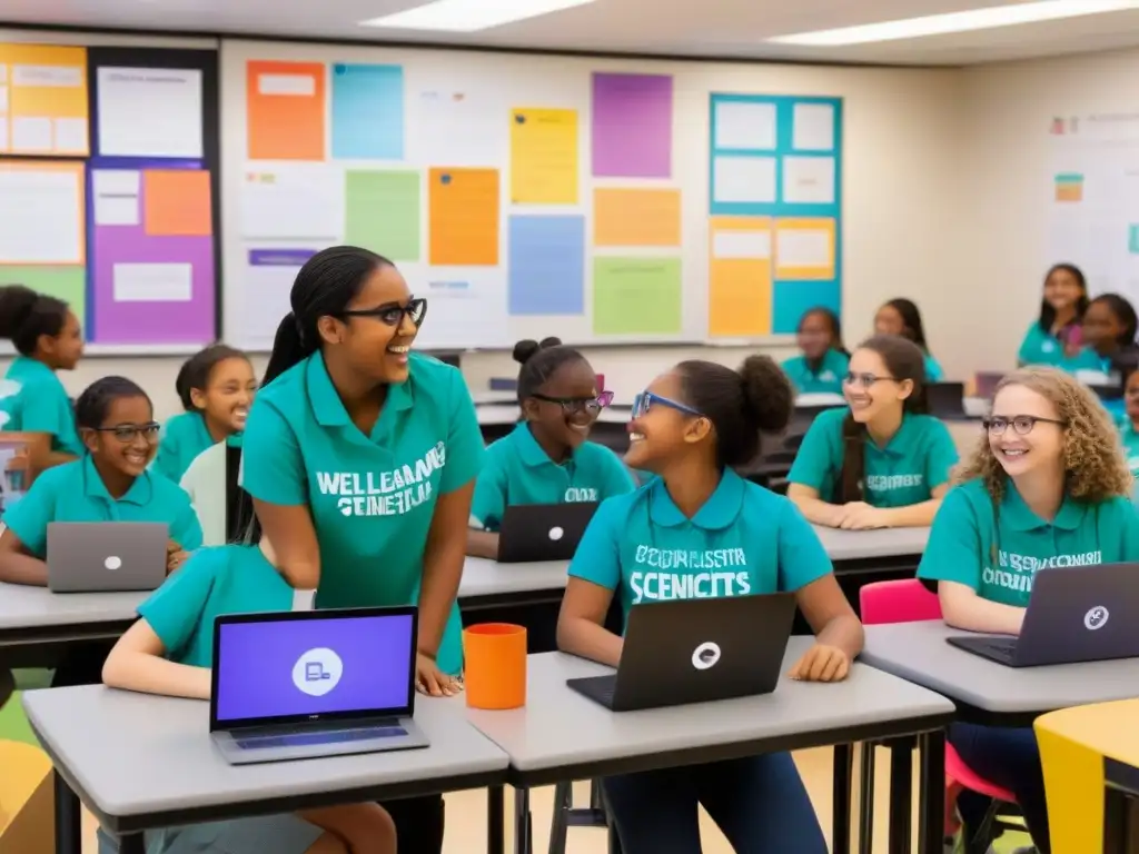 Un grupo de niñas de diversas culturas disfrutan aprendiendo STEM en un aula colorida y equipada en Uruguay