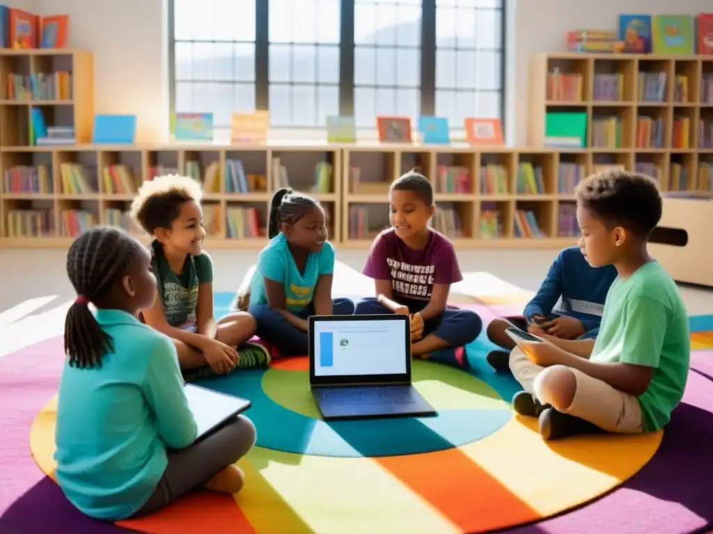 Grupo de niños diversos programando en una aula con educación innovadora en Uruguay