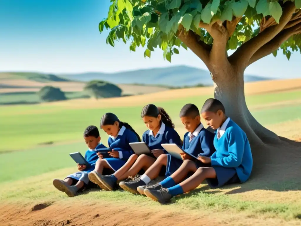 Un grupo de niños diversos en Uruguay rural usando tablets para educación bajo un árbol