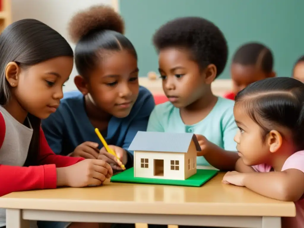 Un grupo de niños diversos discuten seriamente sobre educación financiera en Uruguay para padres, rodeados de modelos de casa, auto y alcancía