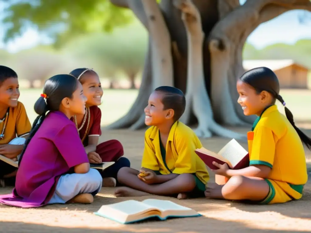 Un grupo de niños indígenas escucha atentamente a un anciano contando historias bajo un árbol