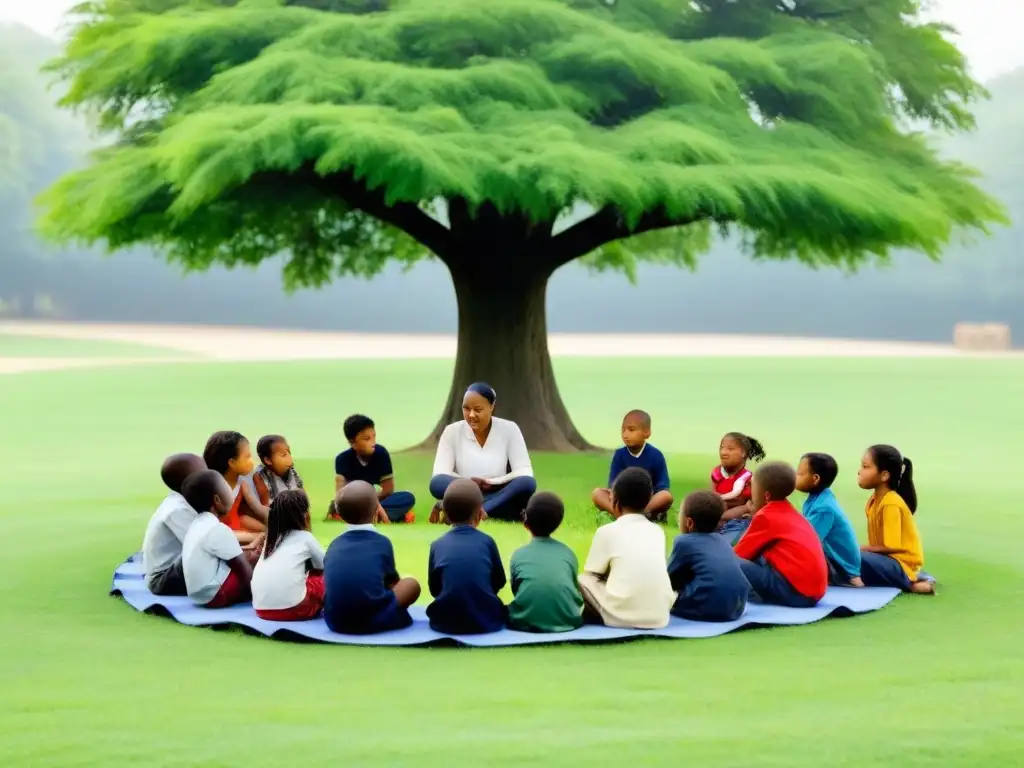 Un grupo de niños diversos escucha atentamente a su maestro bajo un árbol