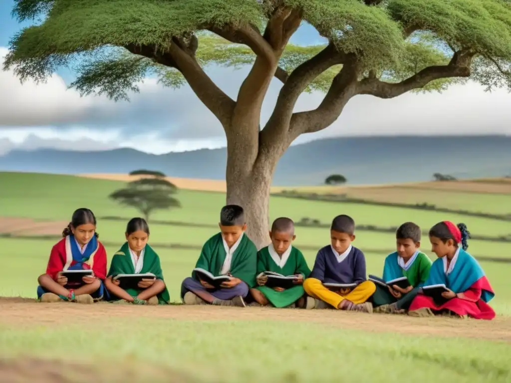 Grupo de niños rurales en Uruguay con tablets bajo un árbol, vistiendo ropa tradicional y rodeados de colinas verdes