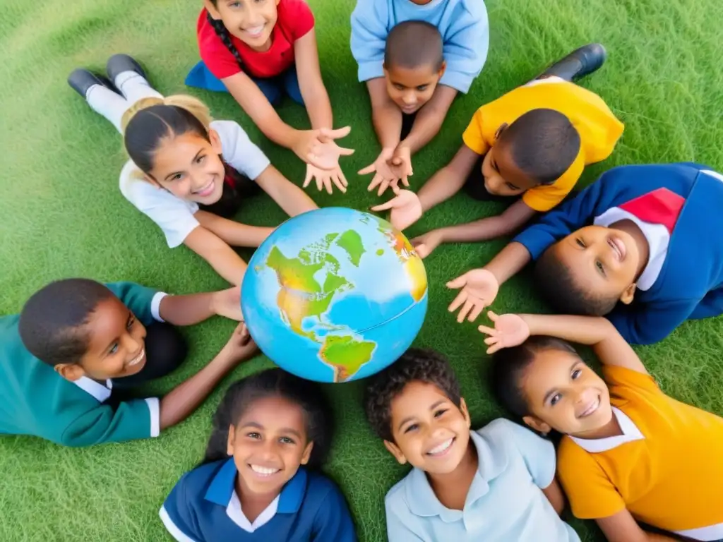 Grupo de niños uruguayos en formación ciudadanos globales, unidos alrededor de un globo en campo verde y cielo azul