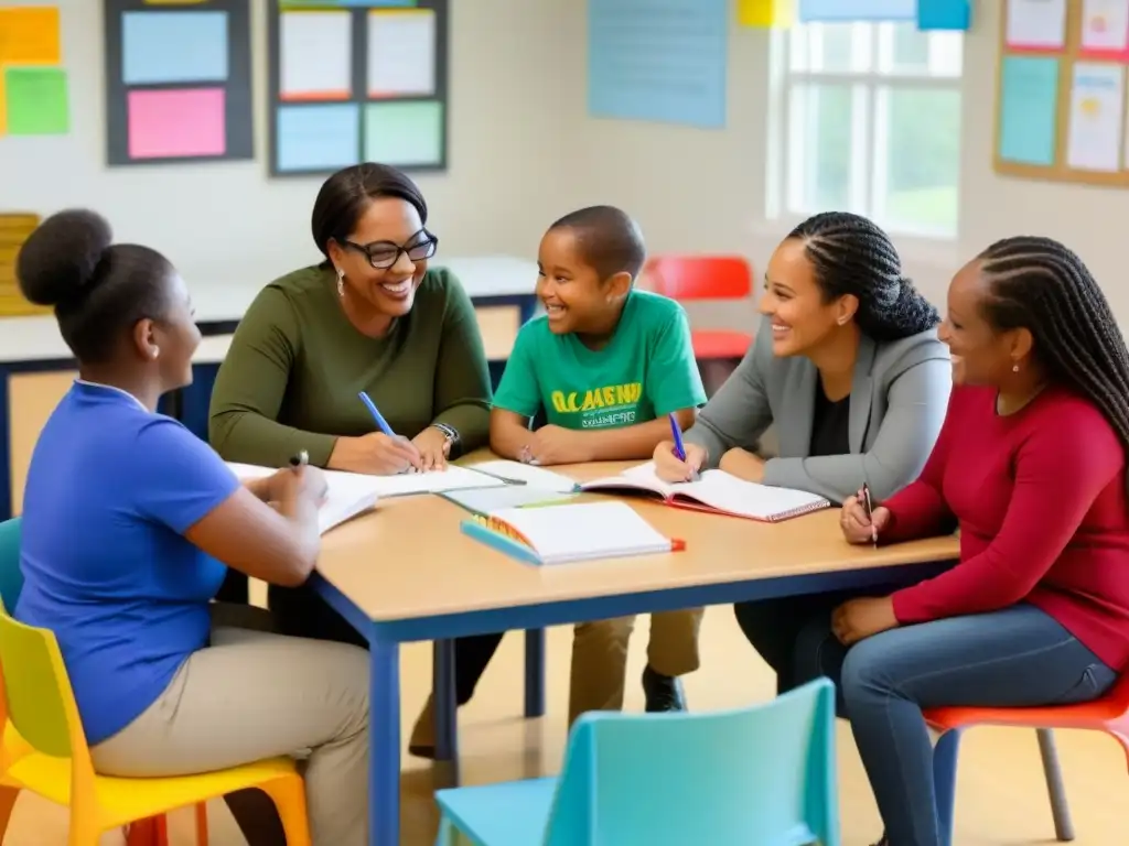 Grupo de padres diversos colaborando en la educación de sus hijos en un aula acogedora