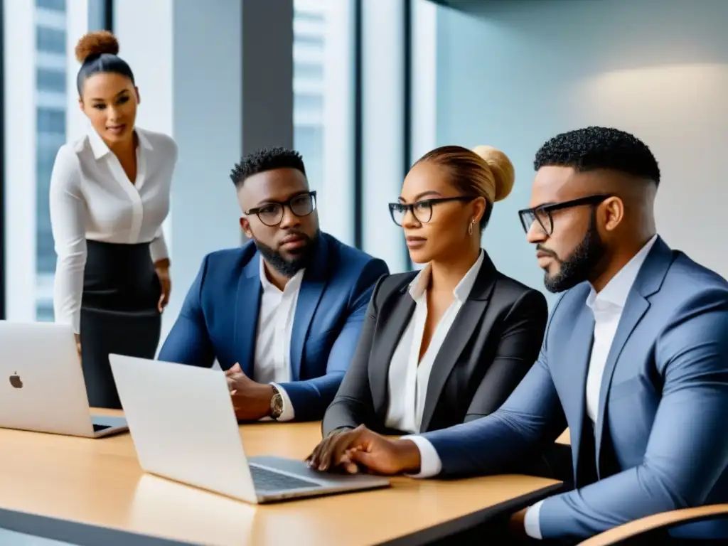 Grupo de profesionales diversos en una oficina moderna, discutiendo un plan de negocios estratégico en una laptop