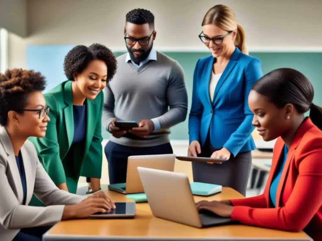 Un grupo de profesores diversos colaborando en dispositivos digitales, destacando la integración tecnológica en la educación