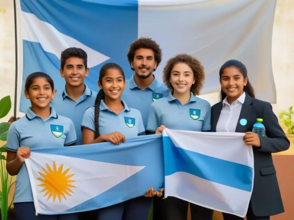 Grupo unido de estudiantes uruguayos frente a bandera, con símbolos de sostenibilidad