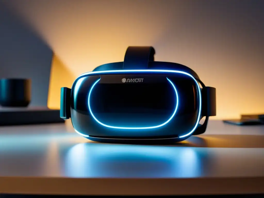 Headset de realidad virtual en escritorio moderno, iluminado sutilmente