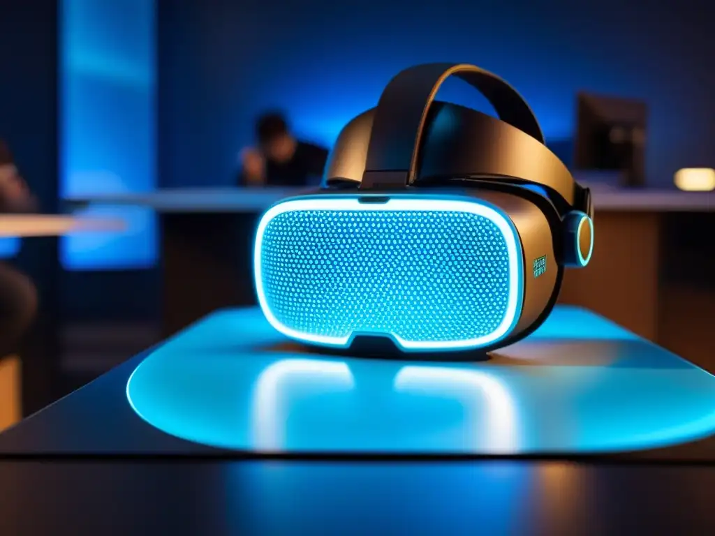 Un headset de realidad virtual con patrones de circuitos, luz azul y reflejo de estudiantes en un aula virtual