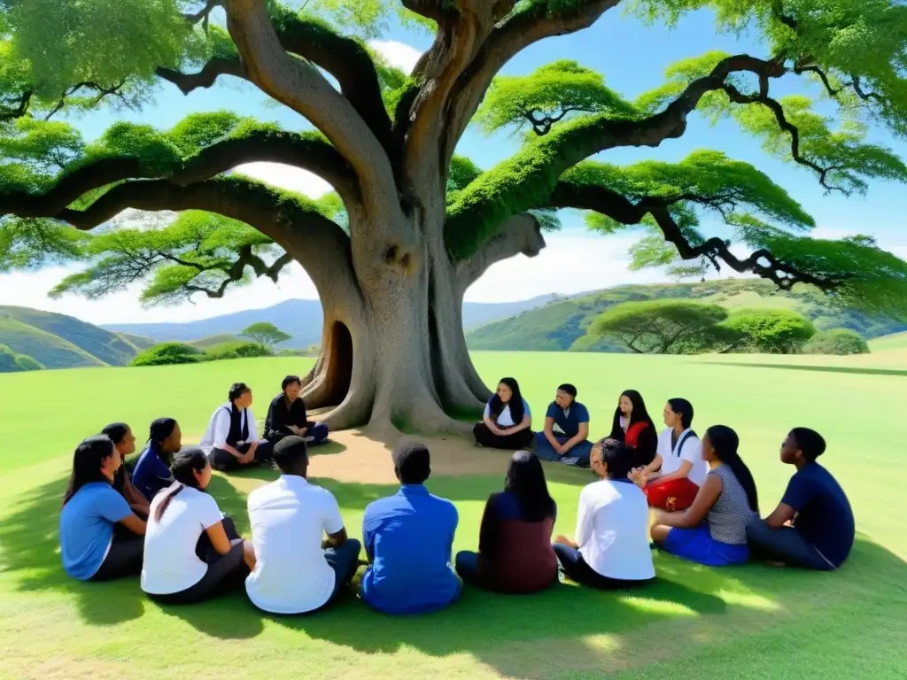 Hermosa representación de estudiantes diversos disfrutando de un intercambio cultural bajo un árbol antiguo