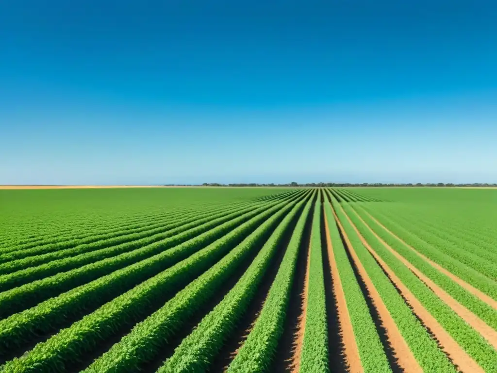 Hermoso campo verde en Uruguay, con cultivos ordenados bajo el cielo azul