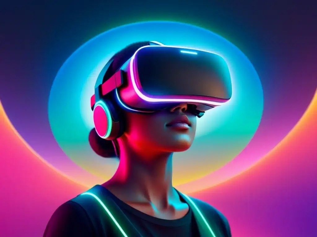 Arte digital minimalista: auriculares VR en paisaje abstracto Herramientas digitales para creación artística en aula: paisaje abstracto futurista con auriculares de realidad virtual brillantes y detallados