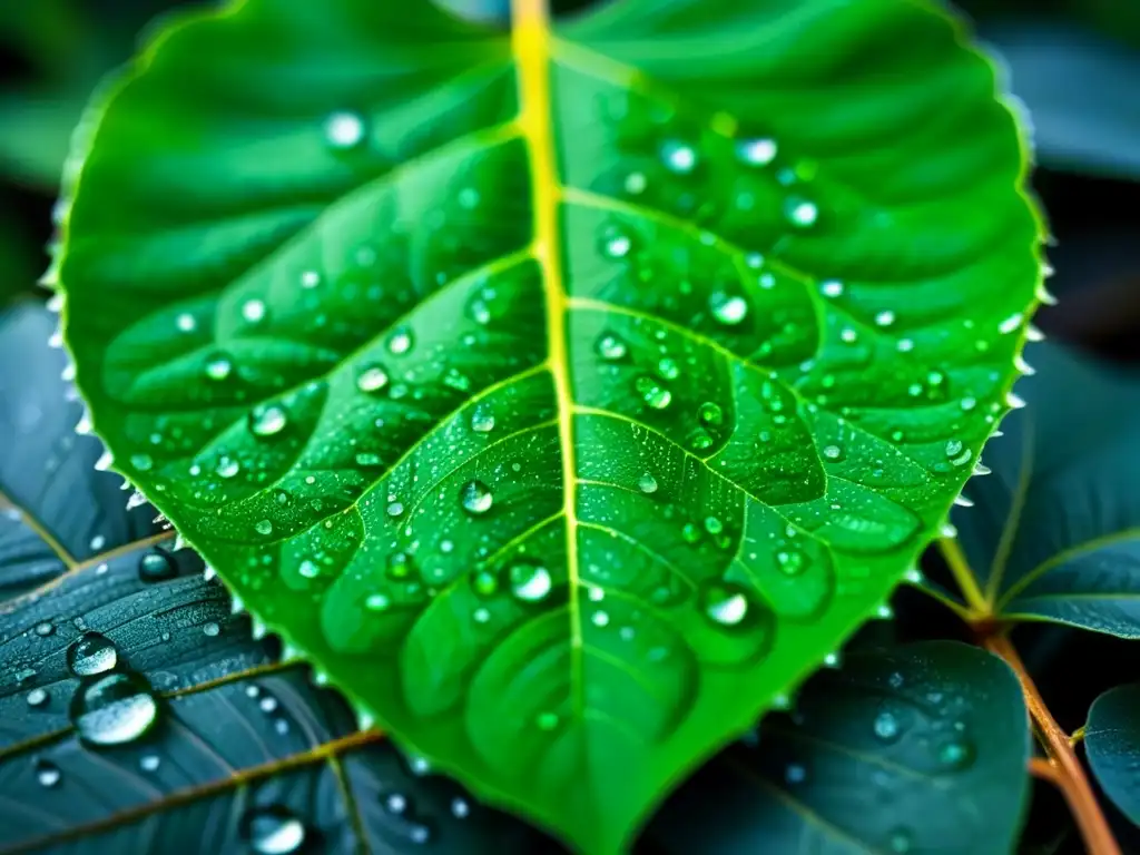 Una hoja verde con gotas de agua, muestra la belleza natural