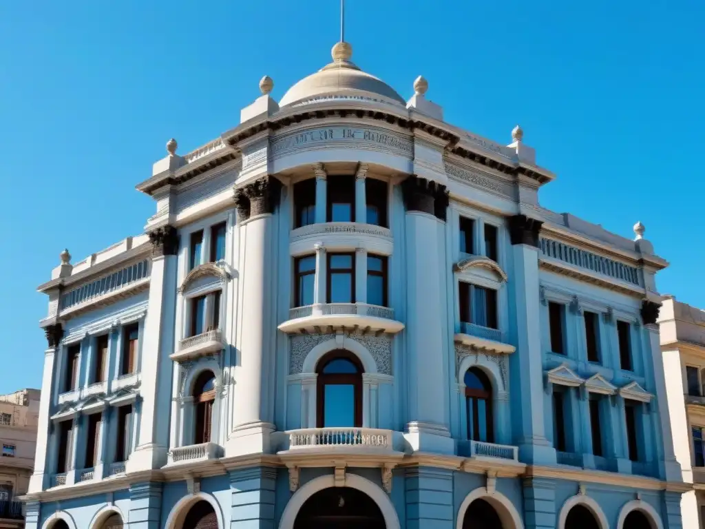 El icónico Palacio Salvo en Montevideo, Uruguay, destaca en un cielo azul