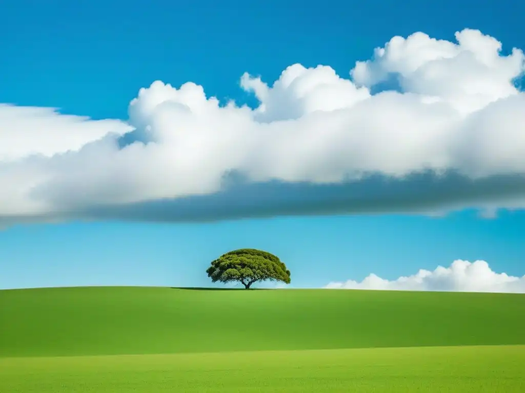 Idílica vista de campo uruguayo con árbol solitario en un vasto prado, cielo azul y nubes esponjosas, evocando la educación a distancia en Uruguay