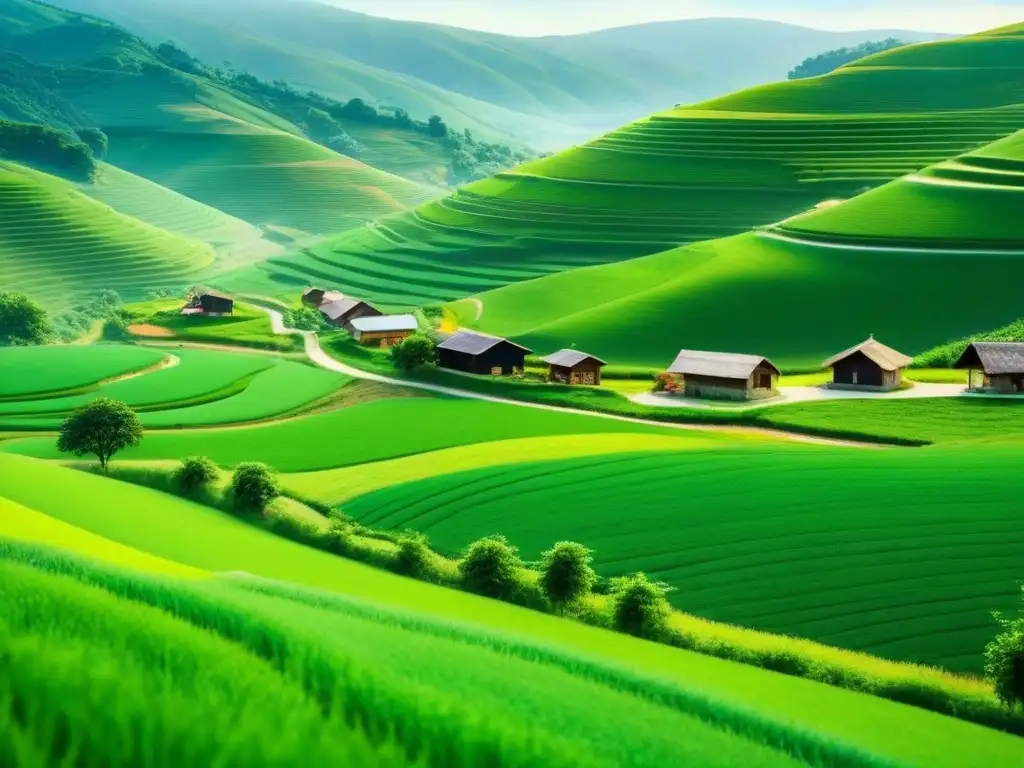 Un idílico pueblo rural entre campos verdes, casas pequeñas y colinas, reflejando el desarrollo sostenible en comunidades rurales