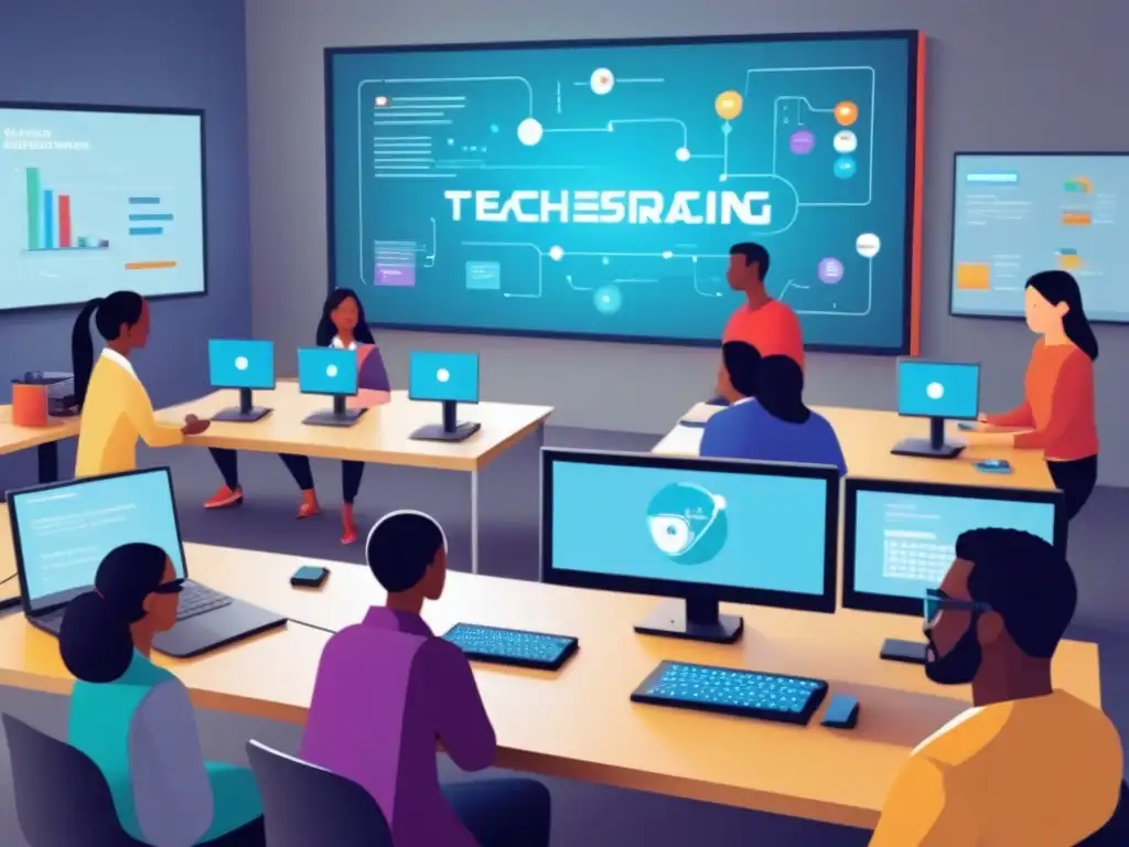 Una ilustración detallada de educadores enseñando programación y robótica a estudiantes en un aula moderna, llena de innovación y colaboración