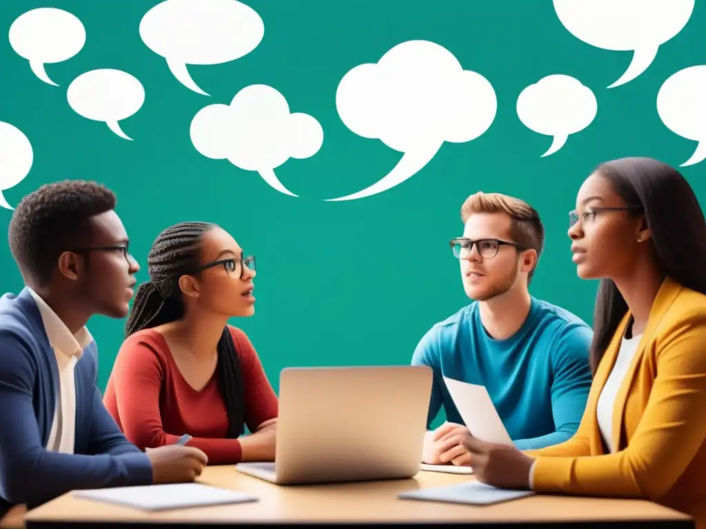 Vibrante debate estudiantil en aula moderna Una ilustración detallada de estudiantes en una animada discusión en clase, expresando concentración y pensamiento crítico creativo