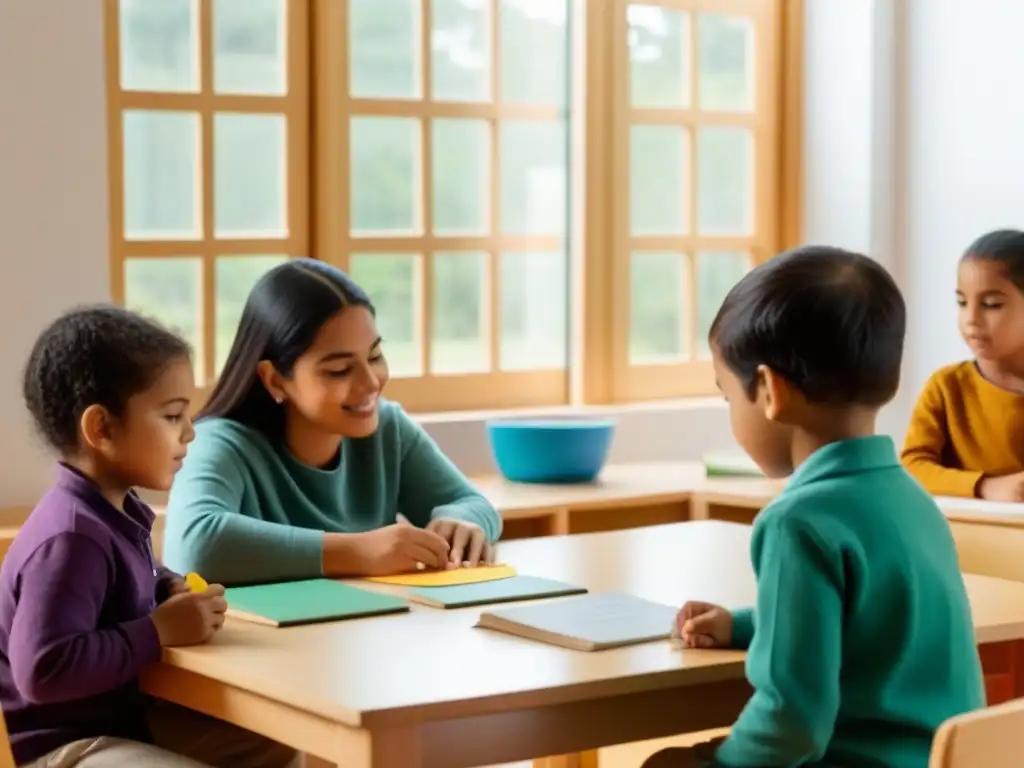 Una ilustración detallada de estudiantes en una clase Montessori en Uruguay